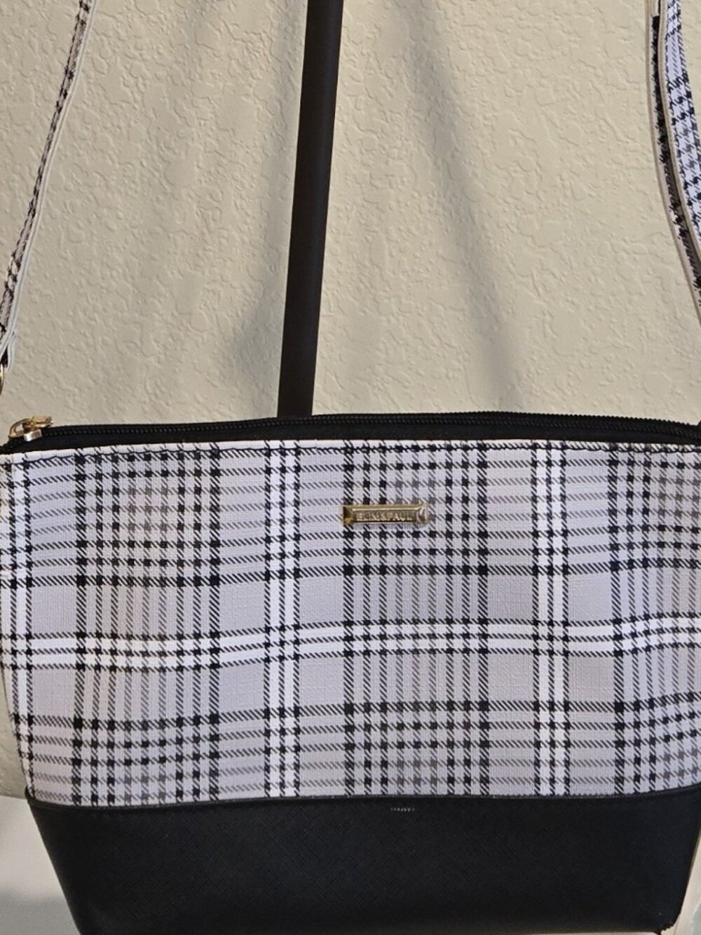 Elim and Paul Black and White plaid Crossbody Bag Gold Hardware Adjustable Strap